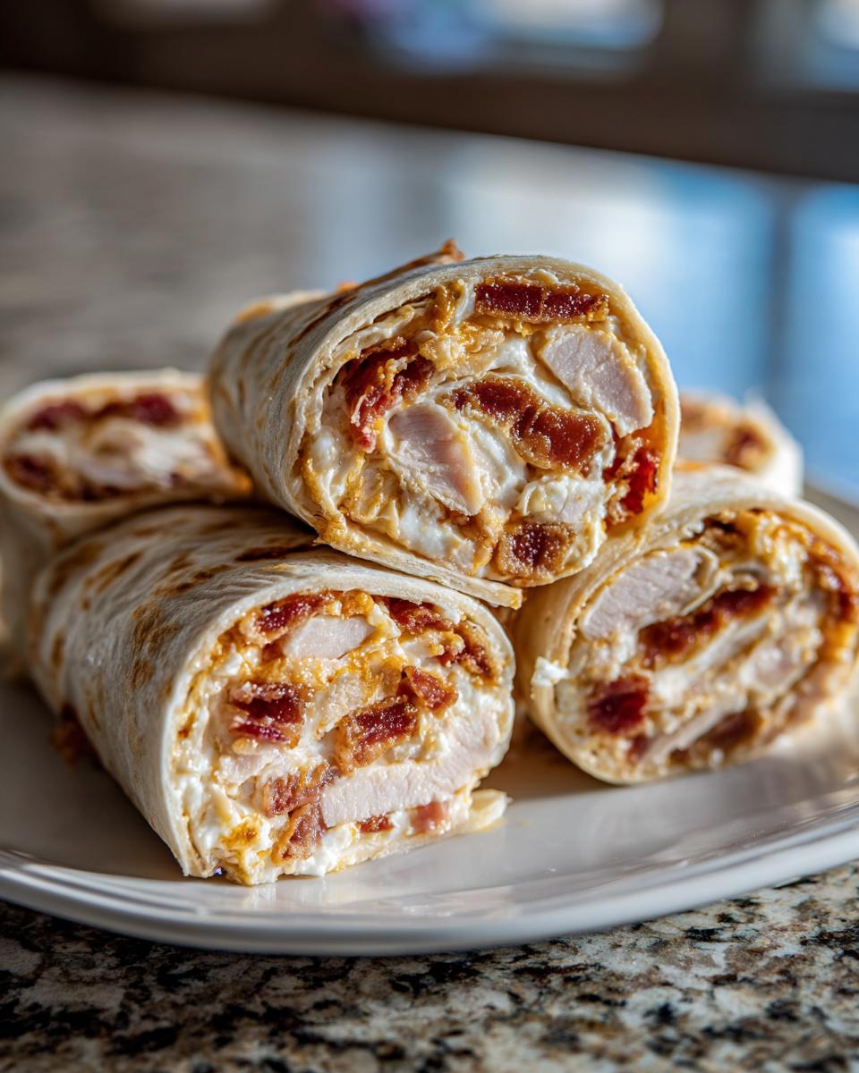 A stack of sliced Crack Chicken Pinwheels showing creamy filling, chicken chunks, and bacon bits wrapped in a tortilla.