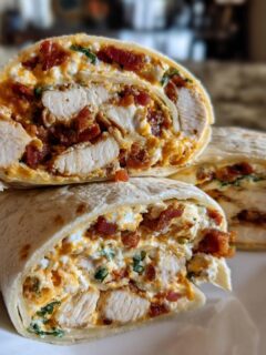 Close-up of sliced Crack Chicken Pinwheels showing chunks of chicken, creamy filling, and bacon bits inside a tortilla.