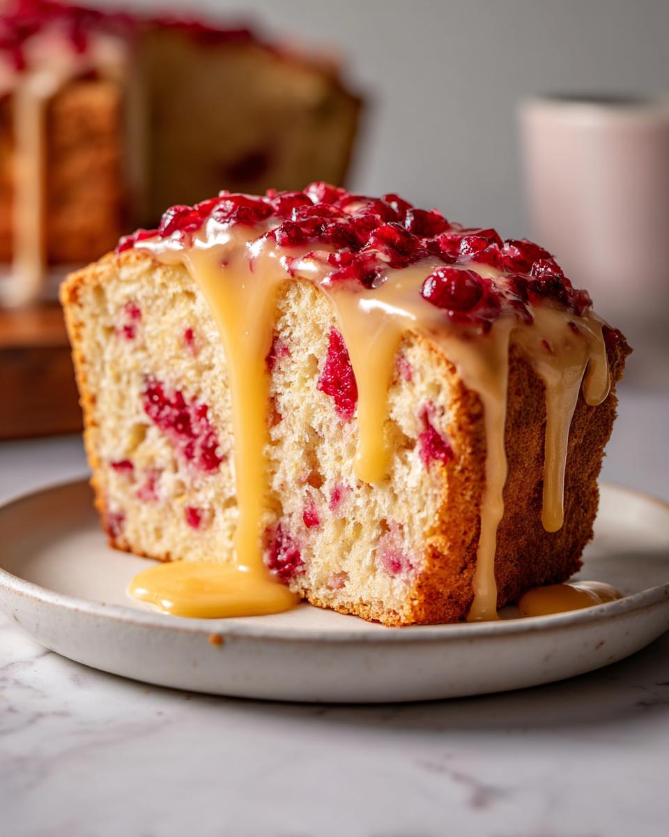Close-up of a slice of Cranberry Orange Glazed Cake topped with whole cranberries and dripping with thick caramel glaze.