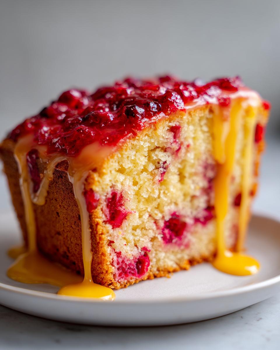 Close-up of a slice of Cranberry Orange Glazed Cake with bright red cranberry topping and rich orange glaze dripping down the side.