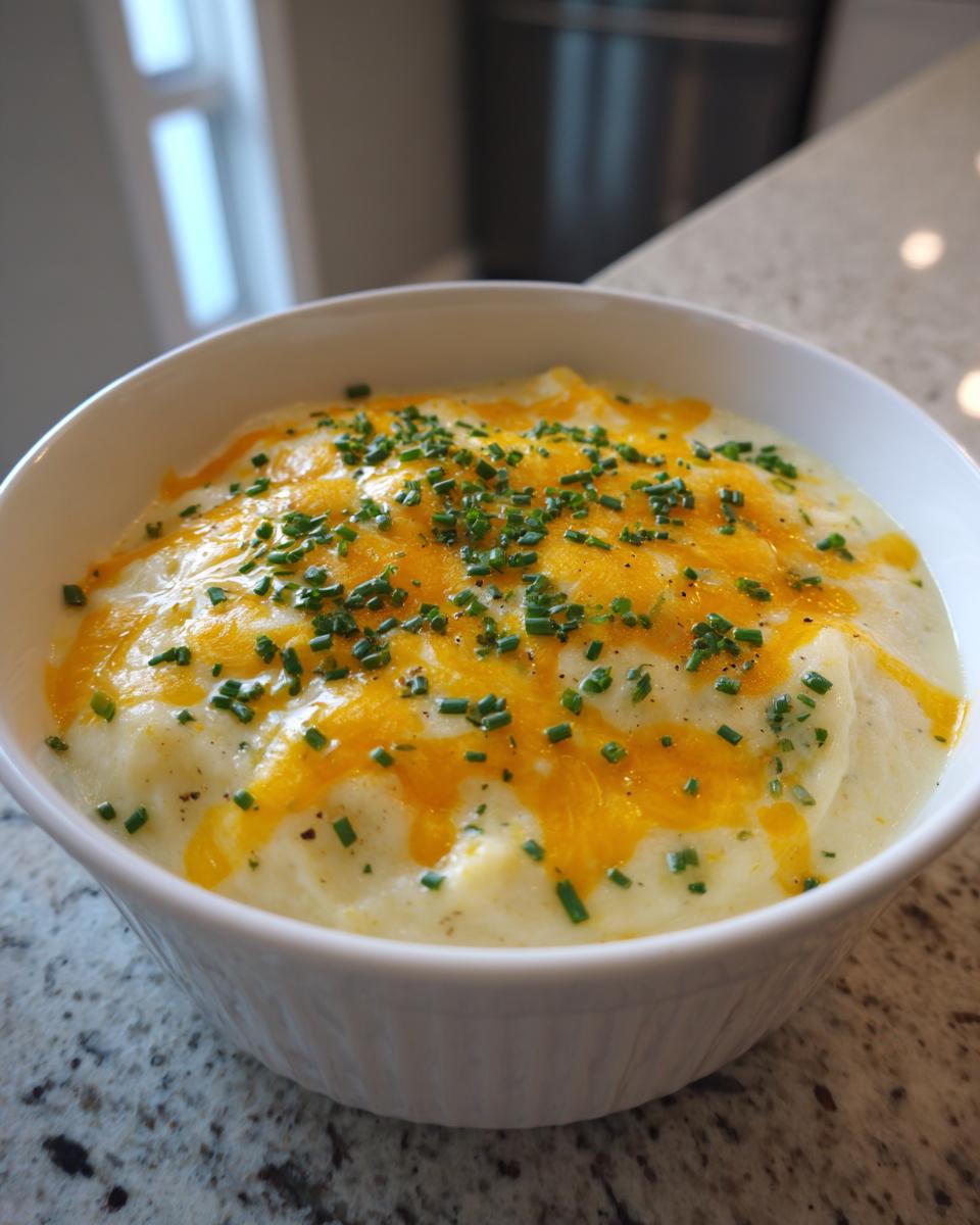 A white bowl filled with creamy Baked Potato Soup topped with melted cheddar cheese and fresh chives.