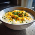 A close-up of a bowl of creamy Baked Potato Soup topped with melted cheddar cheese and fresh green chives.