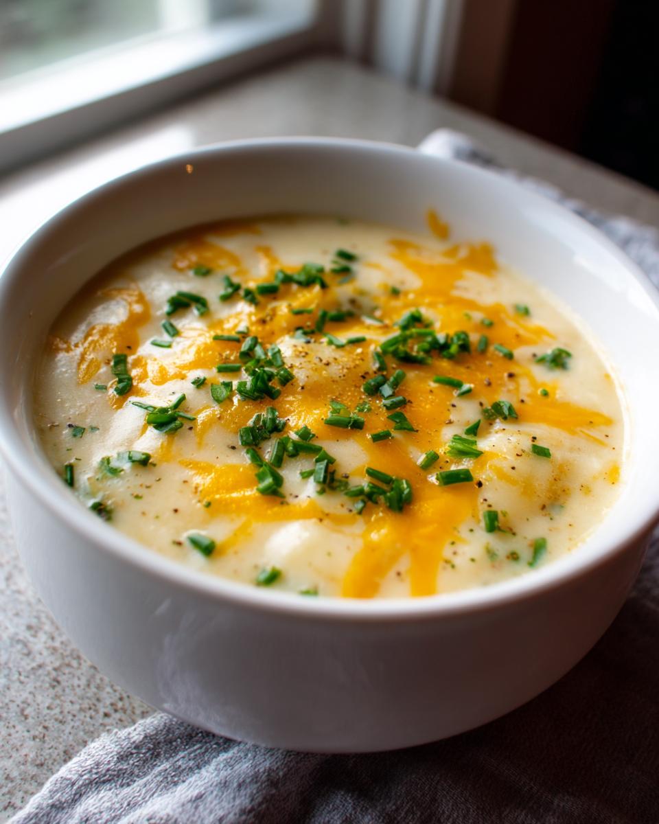 A close-up of a bowl of creamy Baked Potato Soup topped with melted cheddar cheese, fresh chives, and black pepper.
