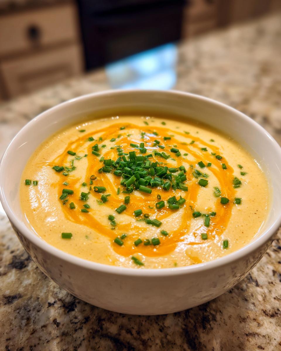 A close-up of a bowl of creamy Baked Potato Soup, topped with a swirl of melted cheese and fresh chopped chives.