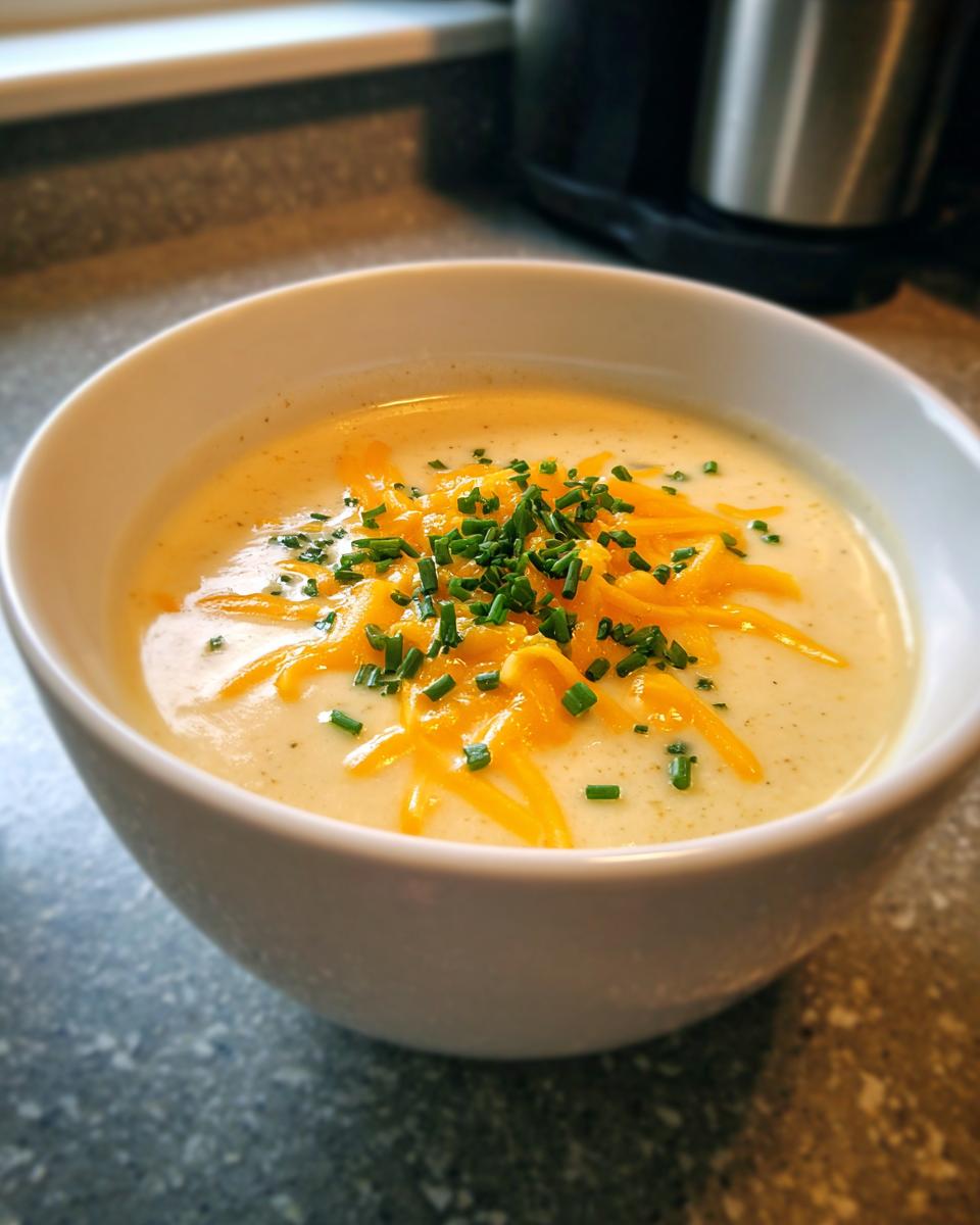 A close-up of creamy Baked Potato Soup topped with shredded cheddar cheese and fresh chopped chives in a white bowl.