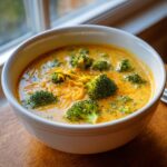 A close-up of a white bowl filled with creamy, rich Broccoli Cheese Soup topped with fresh broccoli florets and shredded cheddar.