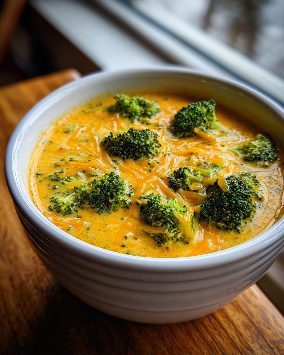 A close-up of creamy Broccoli Cheese Soup topped with vibrant green florets and melted cheddar.