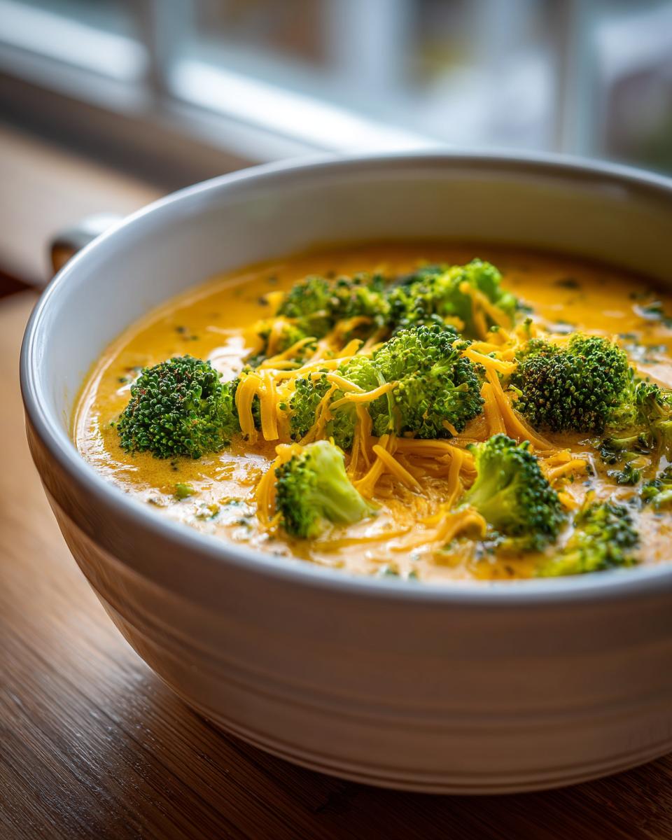Close-up of a white bowl filled with creamy Broccoli Cheese Soup, topped with fresh broccoli florets and shredded cheddar cheese.