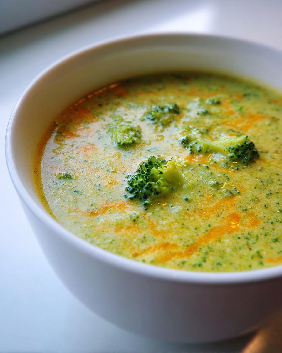 Close-up of a creamy, vibrant green Broccoli Cheese Soup topped with visible broccoli florets and melted orange cheese swirls.