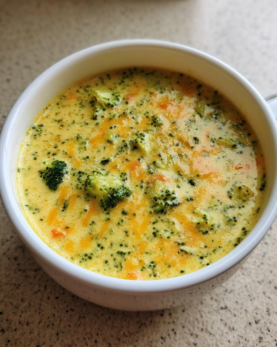 Close-up of a white bowl filled with creamy, yellow Broccoli Cheese Soup featuring visible chunks of broccoli and melted cheddar.