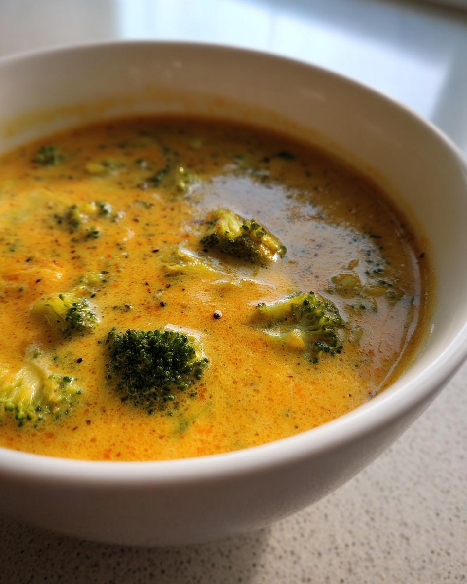 A close-up photograph of rich, orange-yellow Broccoli Cheese Soup with visible florets and black pepper seasoning.
