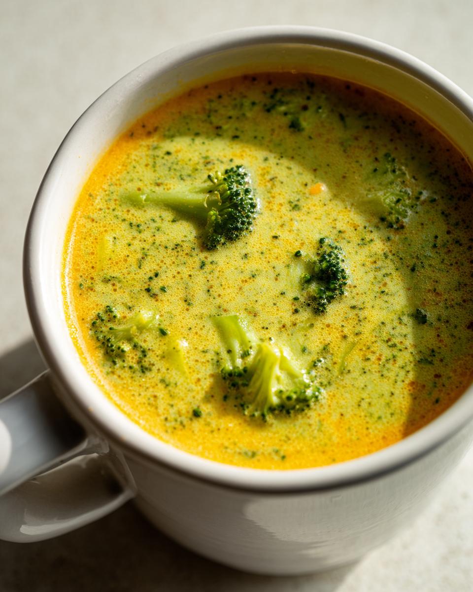 Close-up of a rich, creamy Broccoli Cheese Soup with visible florets in a white mug.