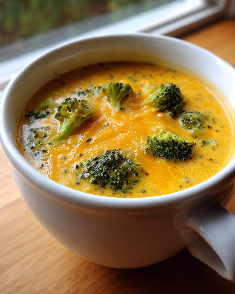 Close-up of a creamy, orange-yellow Broccoli Cheese Soup topped with melted cheddar and fresh broccoli florets.