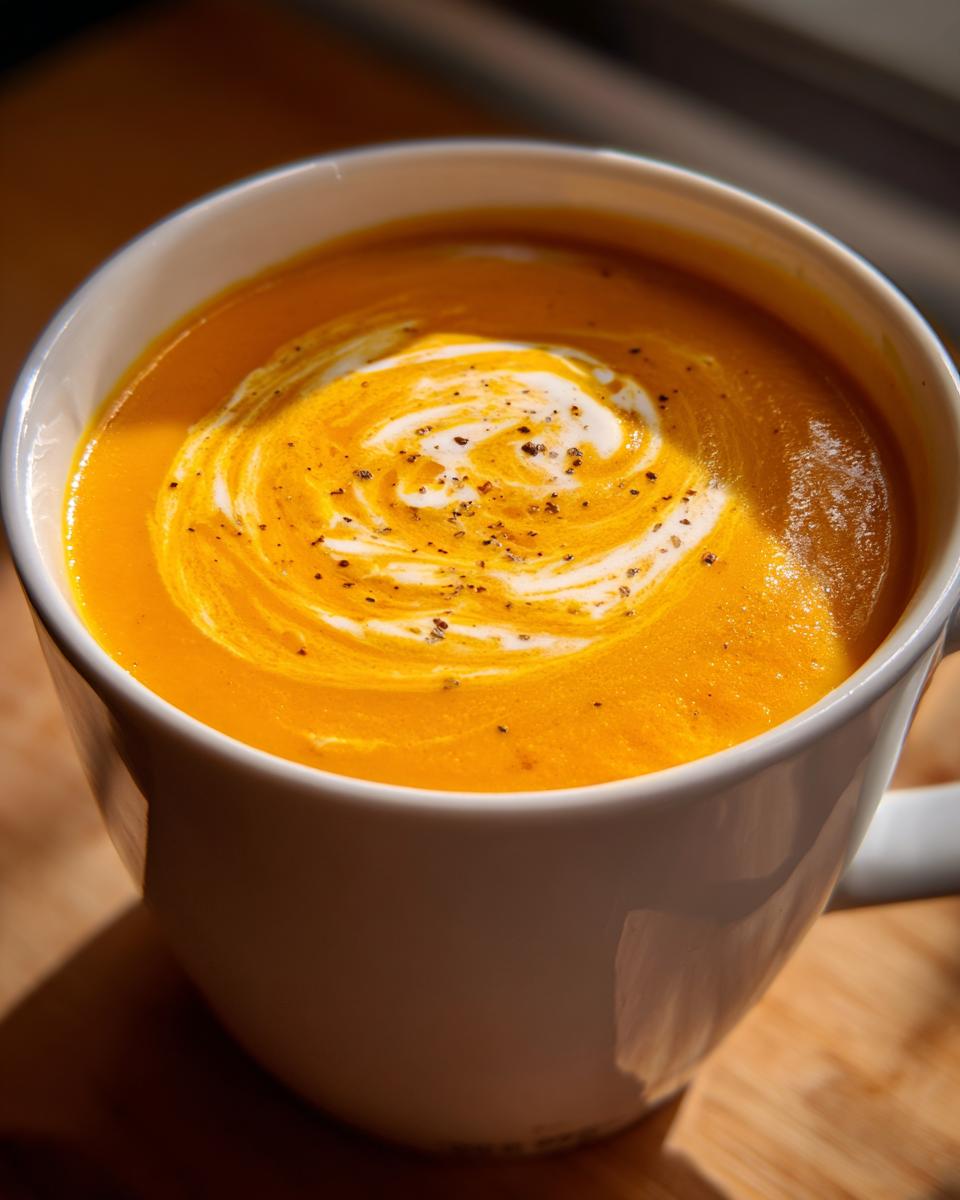 Close-up of vibrant orange Butternut Squash Soup in a white mug, swirled with cream and topped with black pepper.