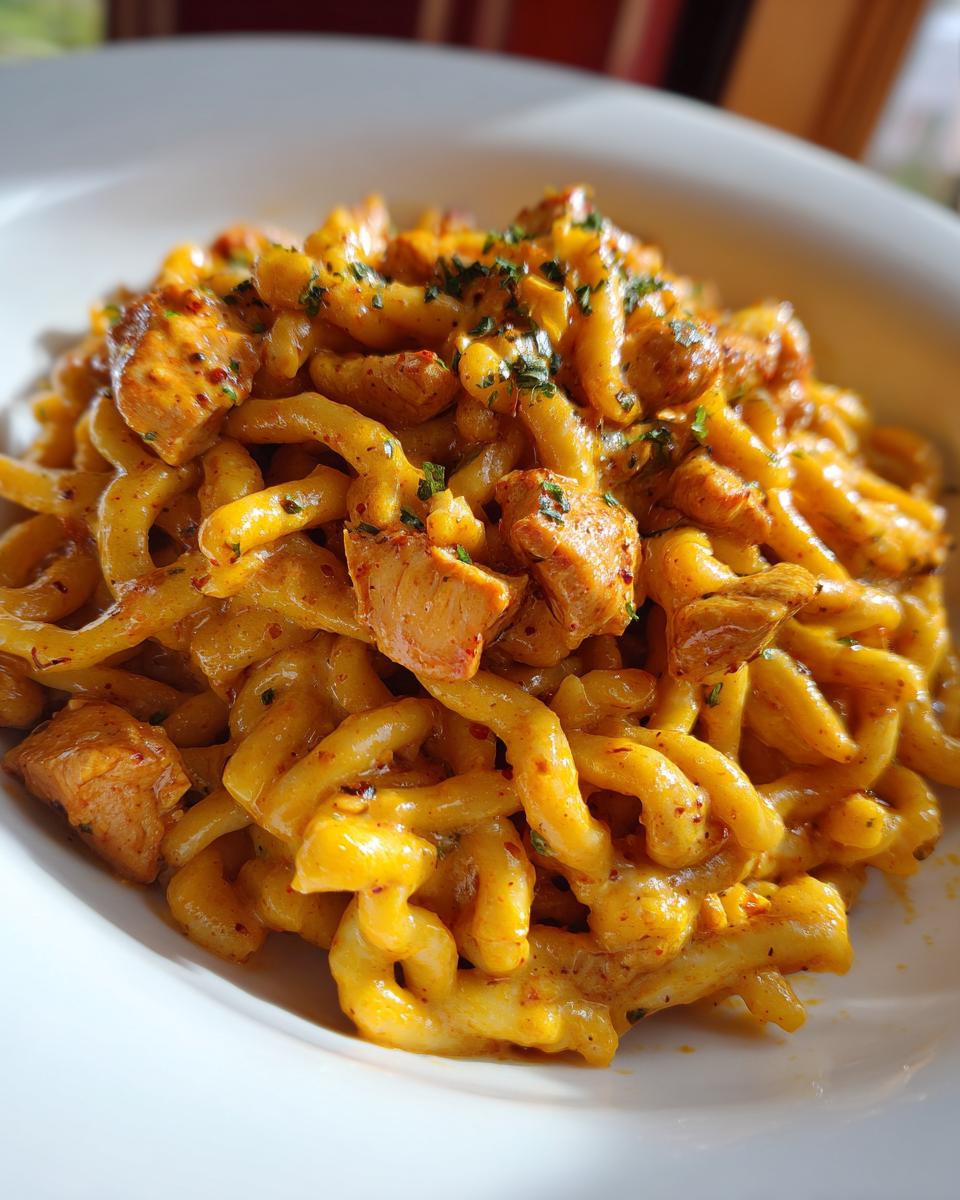 Close-up of creamy, orange-hued Cajun Chicken Pasta with chunks of seasoned chicken, garnished with parsley.