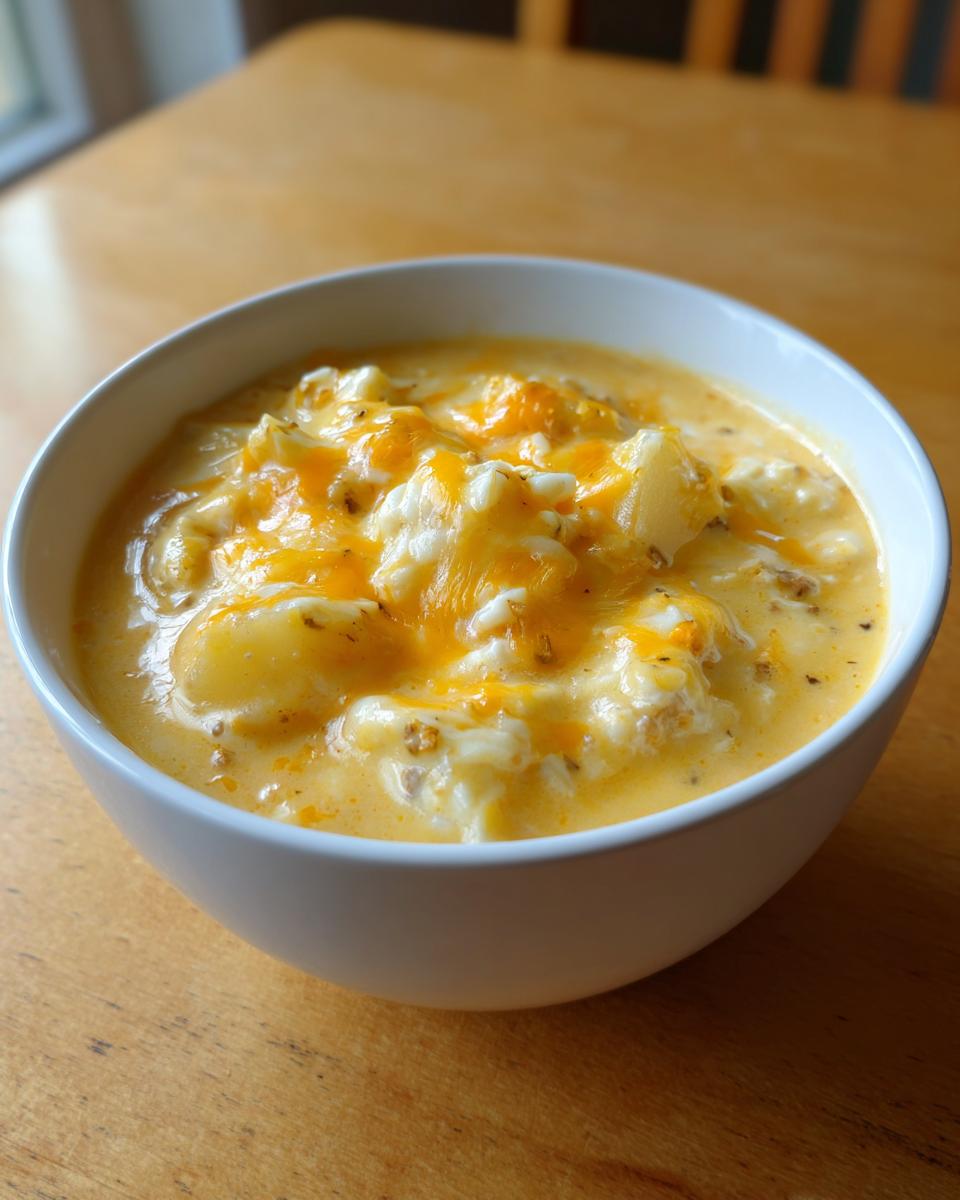 A close-up of a white bowl filled with rich, creamy Cheeseburger Soup topped with melted cheddar cheese.