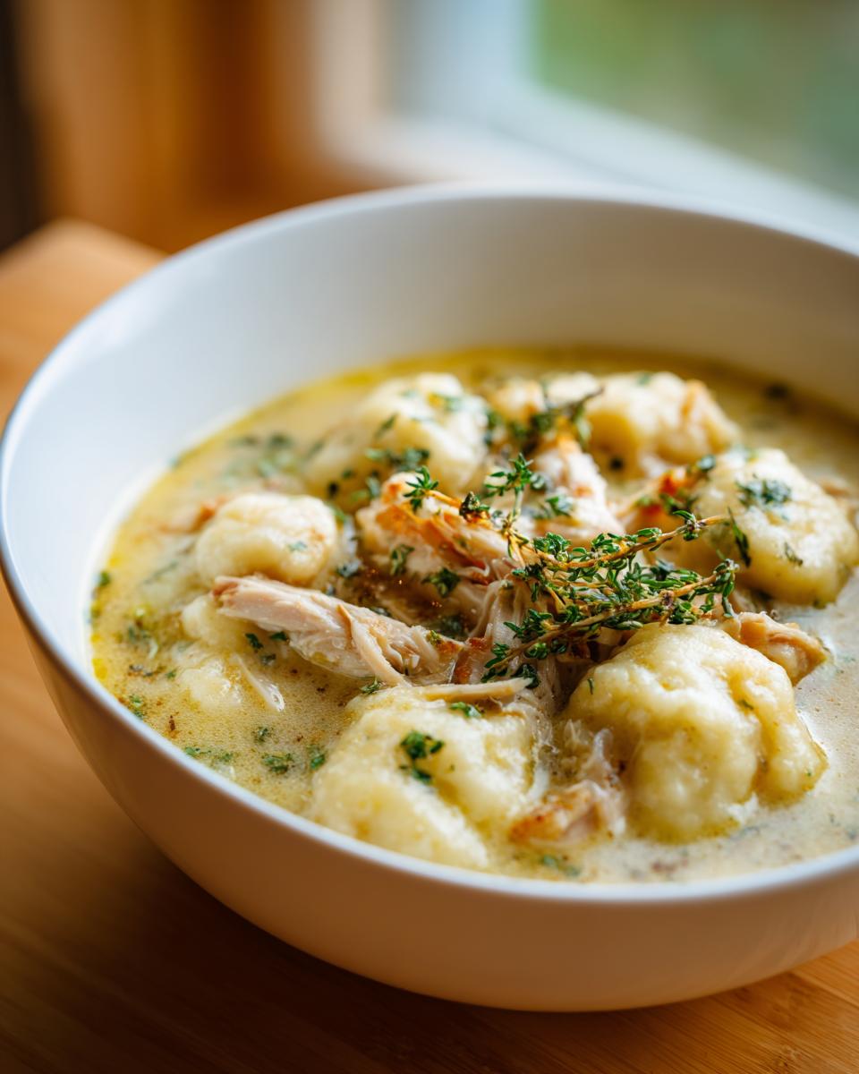 A close-up of a white bowl filled with creamy Chicken And Dumplings, garnished with shredded chicken and fresh thyme.