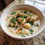 A close-up of a white bowl filled with creamy Chicken Gnocchi Soup, featuring shredded chicken, soft gnocchi, and fresh parsley garnish.