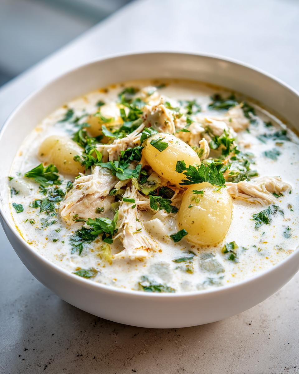 Close-up of a hearty bowl of creamy Chicken Gnocchi Soup topped with shredded chicken, small potatoes, and fresh parsley.