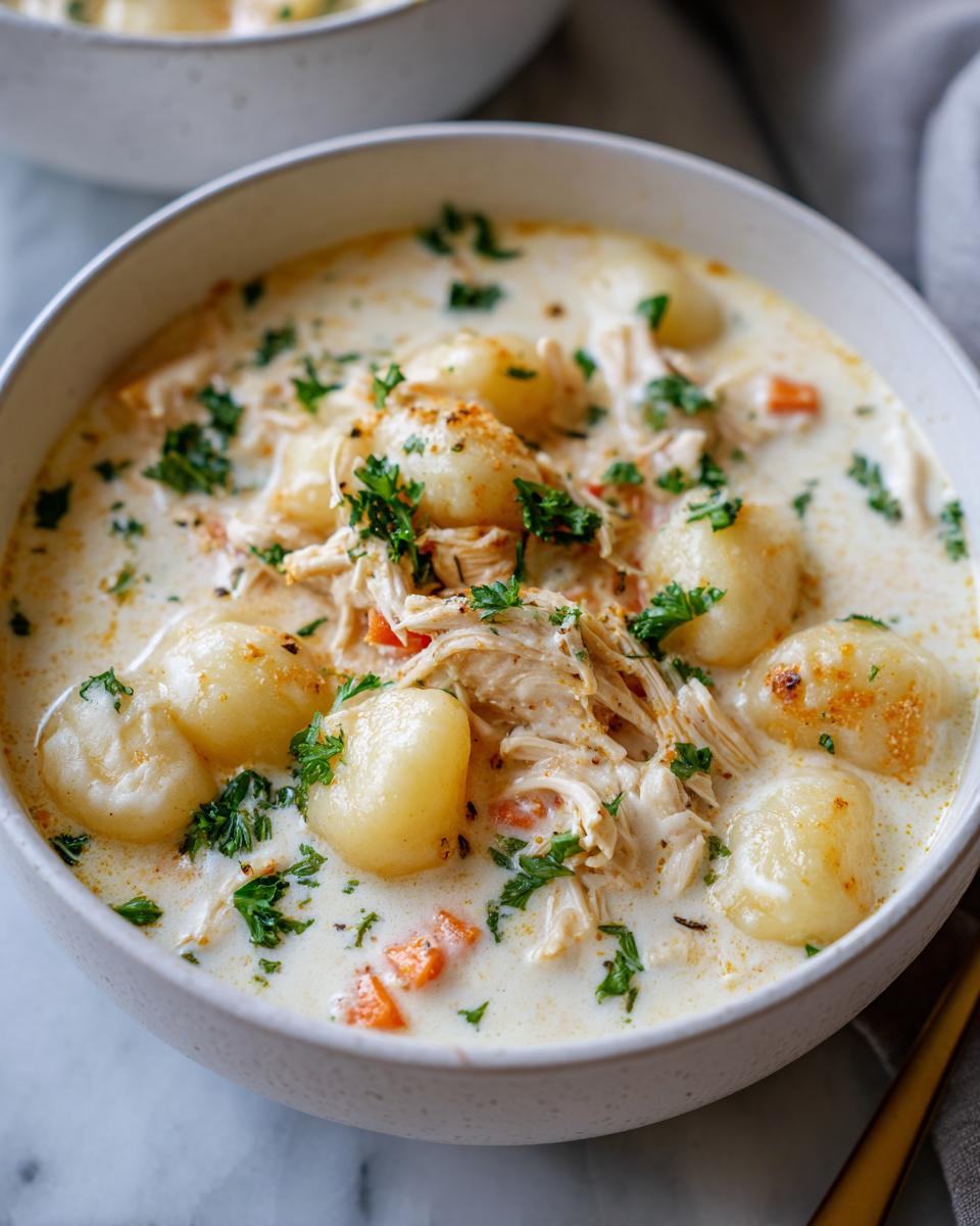 Close-up of a bowl of creamy Chicken Gnocchi Soup, featuring shredded chicken, soft gnocchi, and fresh parsley garnish.