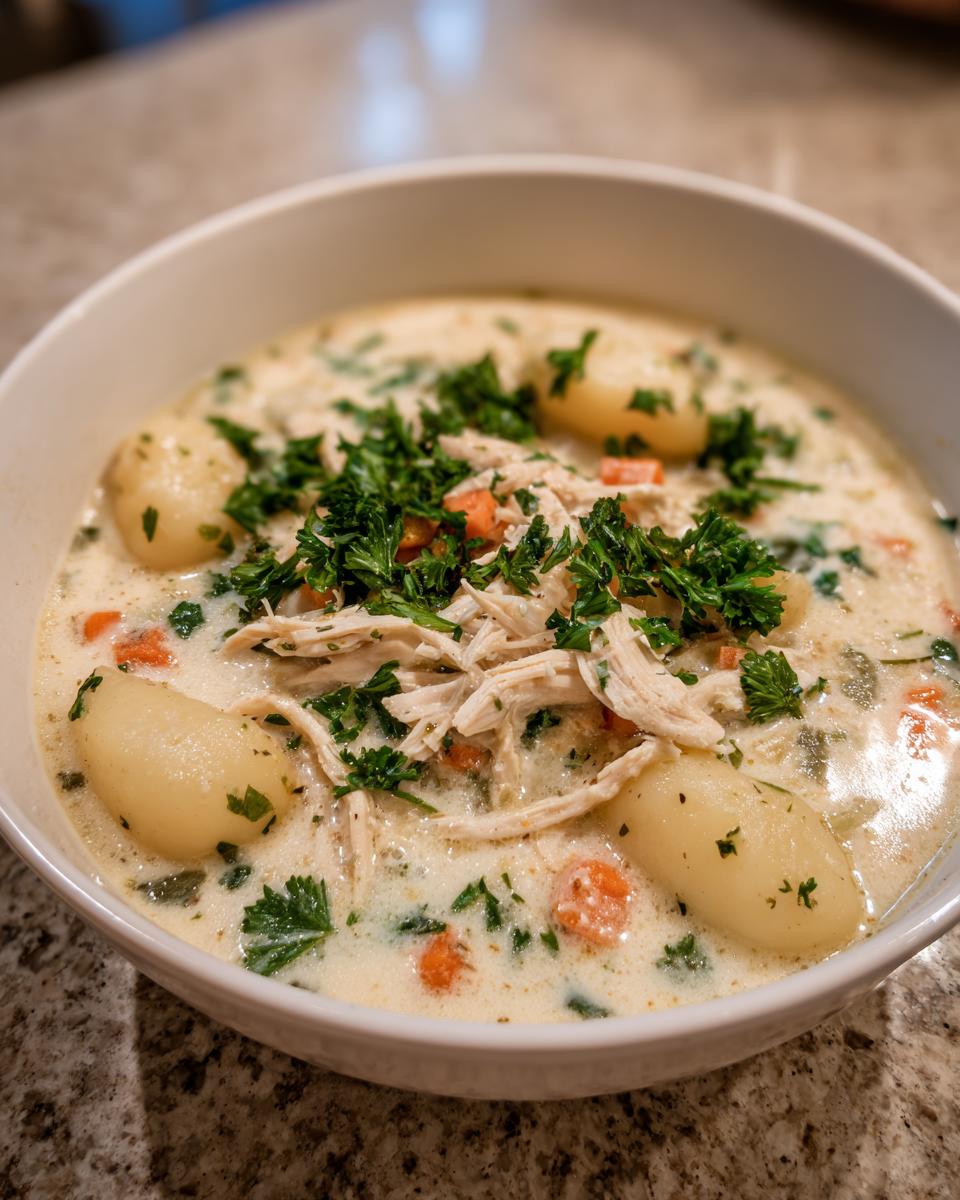 A close-up of a hearty bowl of Chicken Gnocchi Soup, featuring shredded chicken, potato gnocchi, carrots, and fresh parsley.