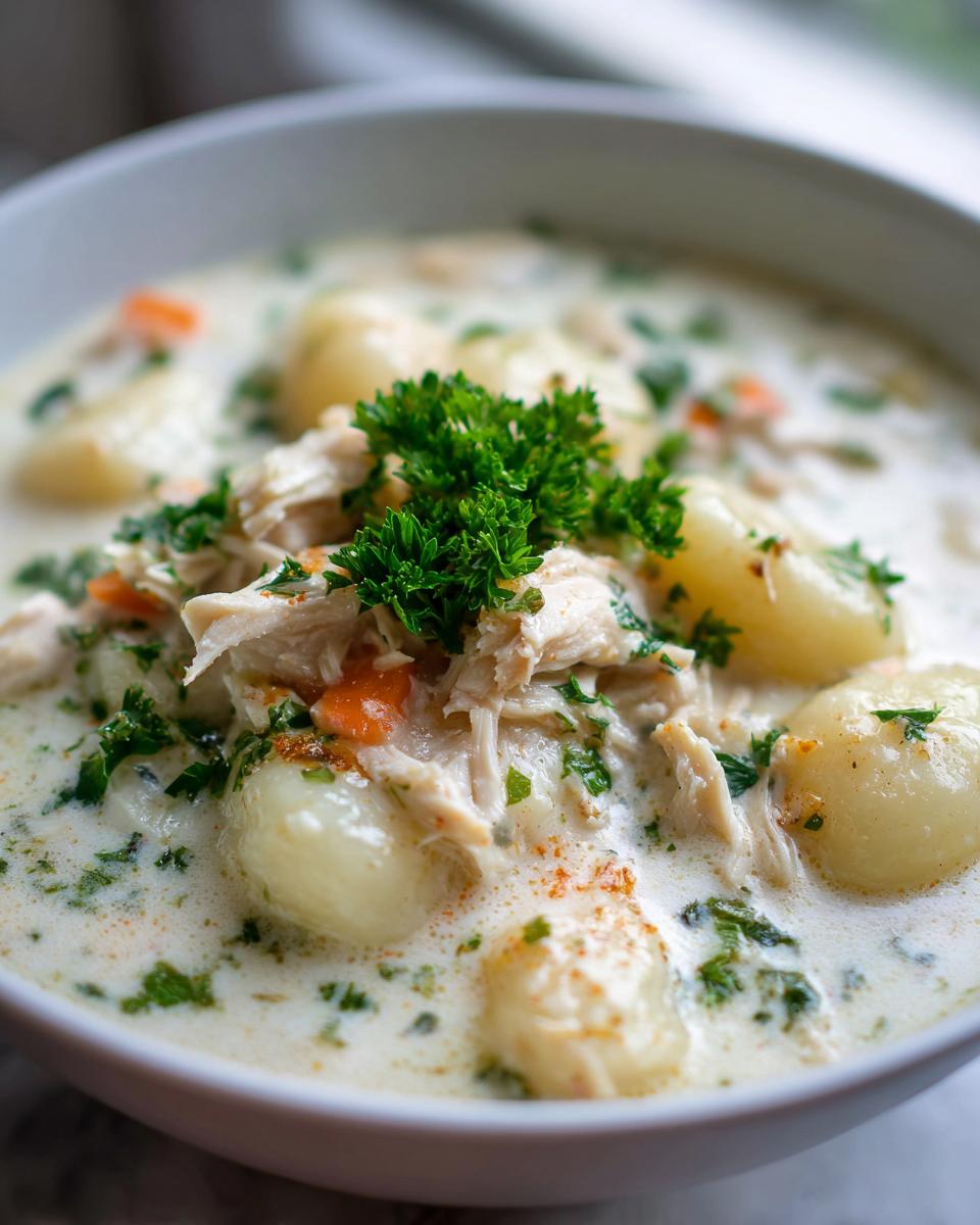 Close-up of a bowl of creamy Chicken Gnocchi Soup, featuring shredded chicken, soft gnocchi, and fresh parsley garnish.