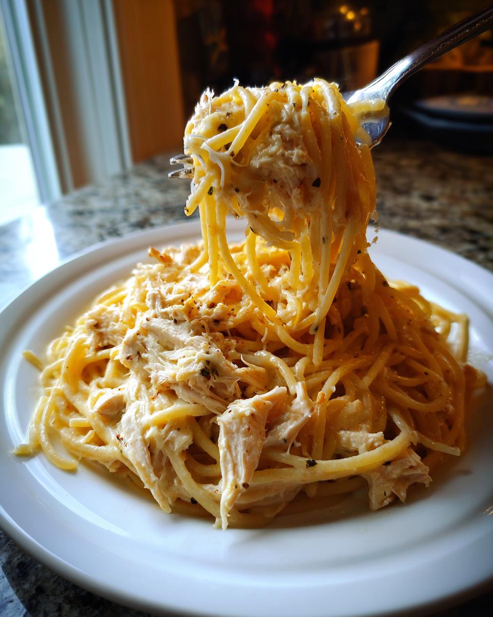 A fork lifting a twirl of creamy Chicken Spaghetti mixed with shredded chicken from a white plate.