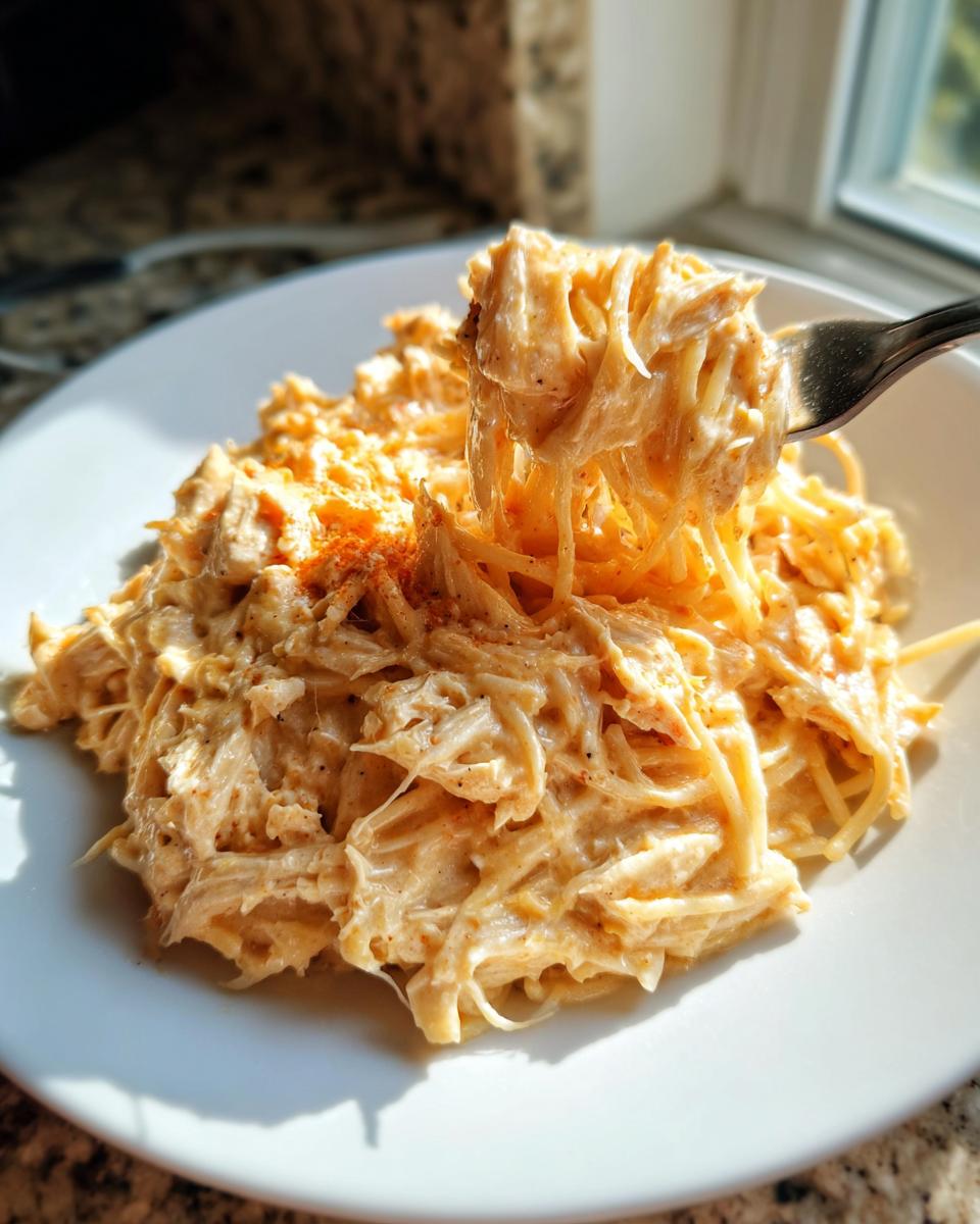 A close-up of creamy Chicken Spaghetti served on a white plate, with a fork lifting a portion.