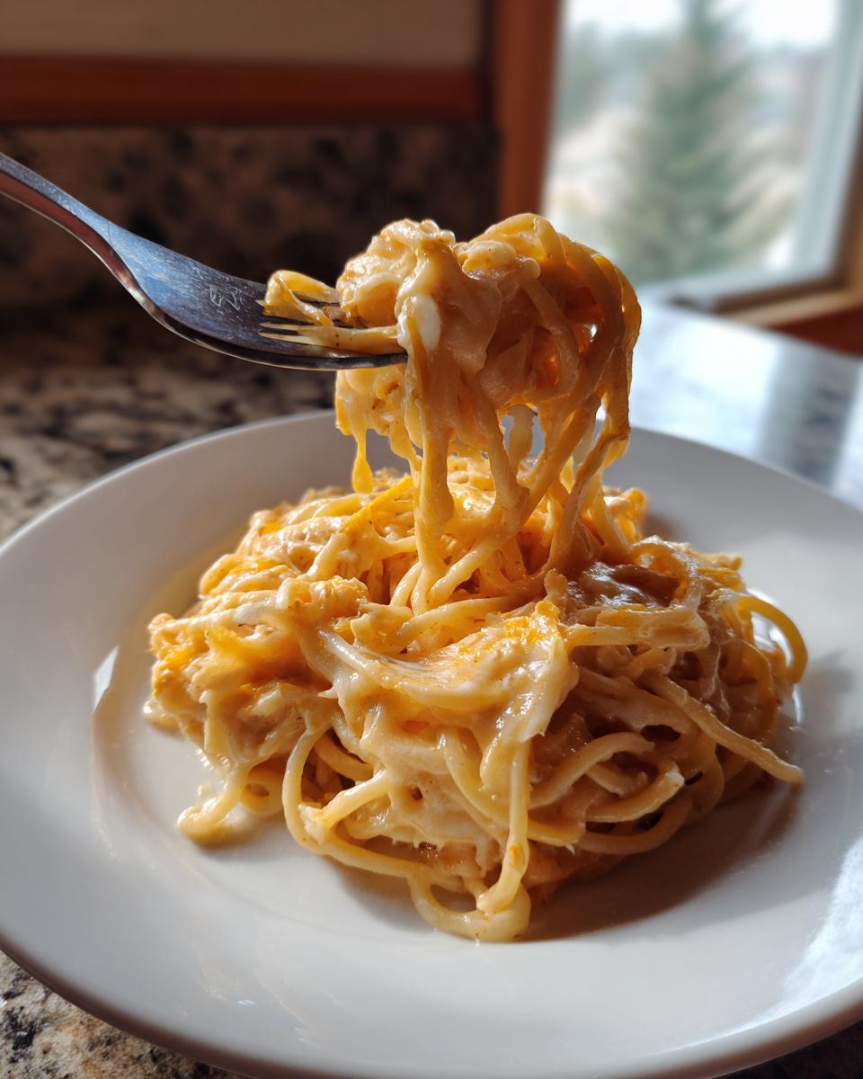 Close-up of a fork lifting creamy, cheesy Chicken Spaghetti from a white plate.