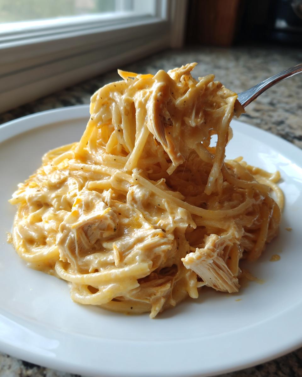 A fork lifting a creamy, cheesy portion of Chicken Spaghetti from a white plate.