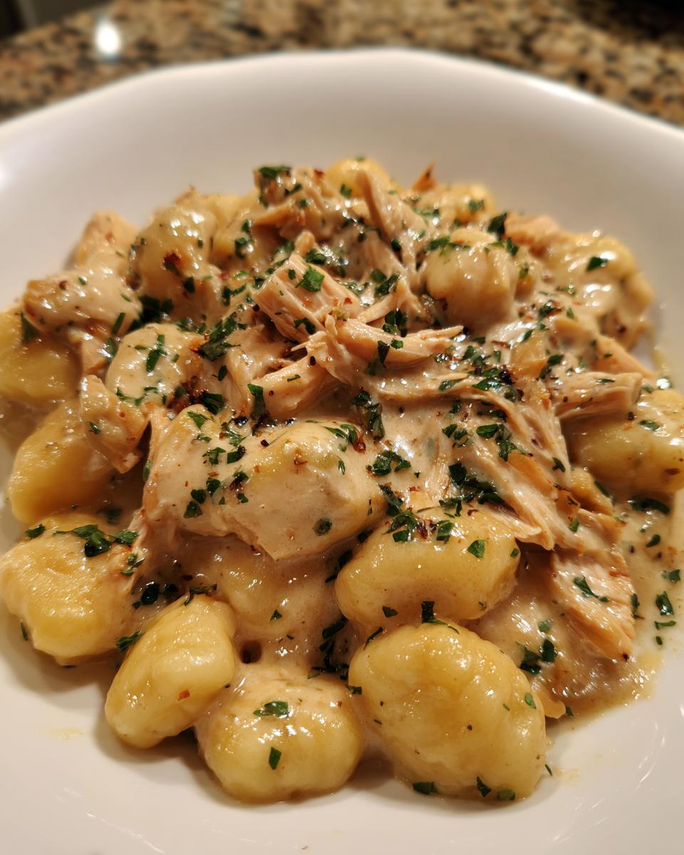 Close-up of a white bowl filled with Creamy Crack Chicken Gnocchi, topped with shredded chicken and fresh parsley.