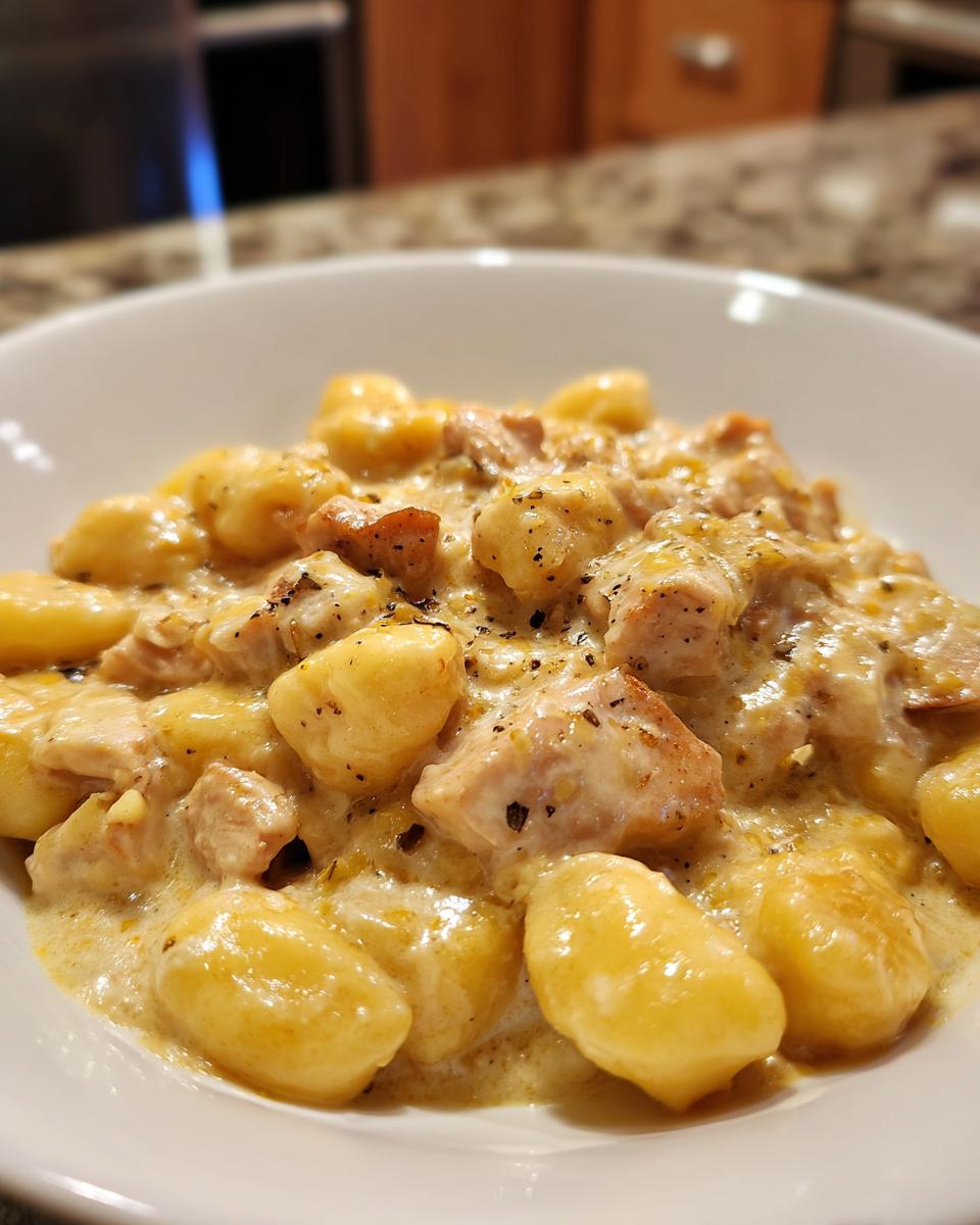 Close-up of a white bowl filled with Creamy Crack Chicken Gnocchi, featuring tender gnocchi and chicken pieces in a rich sauce.