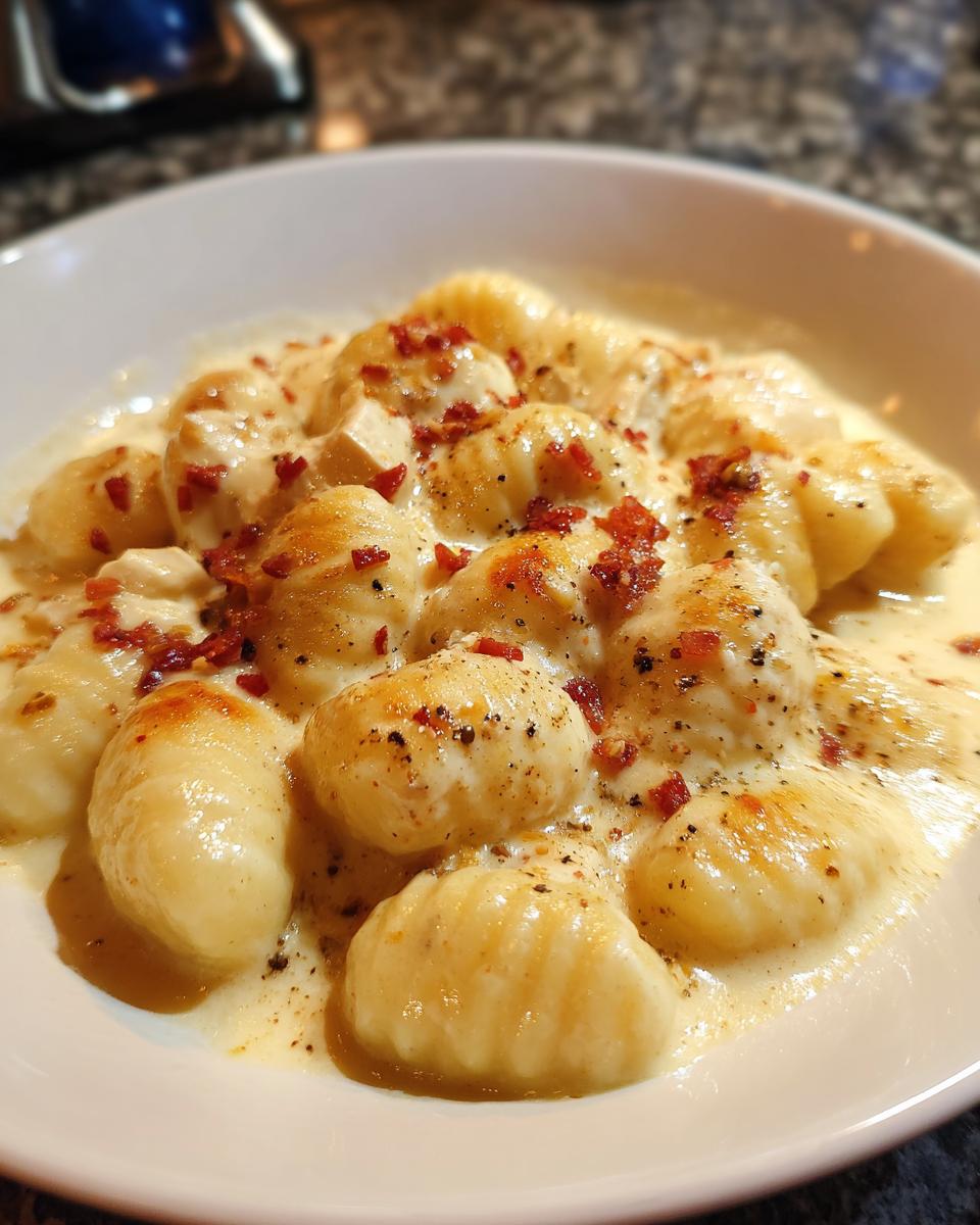 A close-up shot of tender gnocchi coated in a rich, creamy sauce, topped with bacon bits and cracked black pepper for Creamy Crack Chicken Gnocchi.