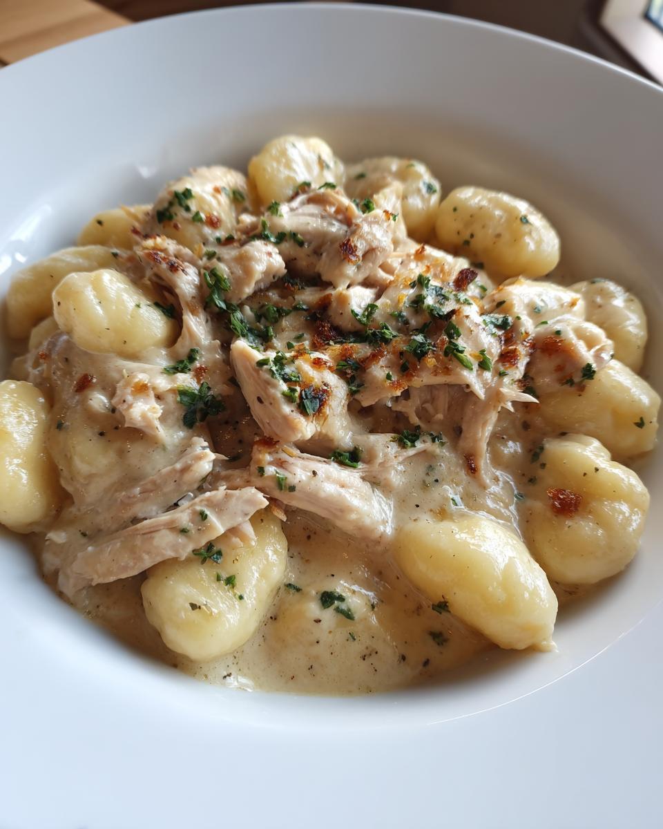 Close-up of a white bowl filled with Creamy Crack Chicken Gnocchi, topped with shredded chicken and fresh parsley.