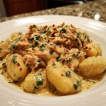 A close-up of Creamy Crack Chicken Gnocchi served in a white bowl, rich with sauce and herbs.