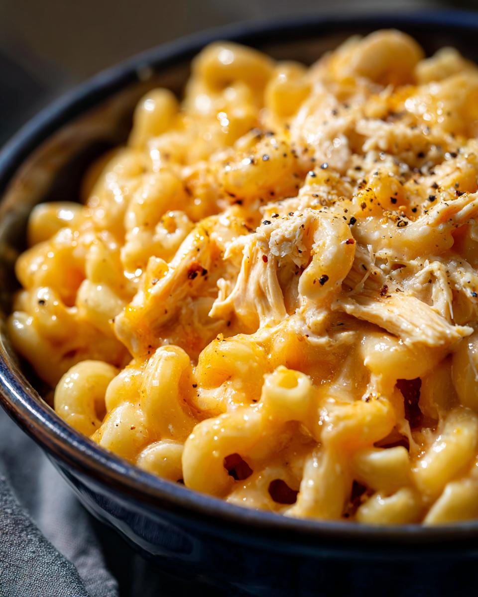 Close-up of a dark blue bowl filled with creamy Honey Pepper Chicken Mac And Cheese, topped with shredded chicken and cracked pepper.