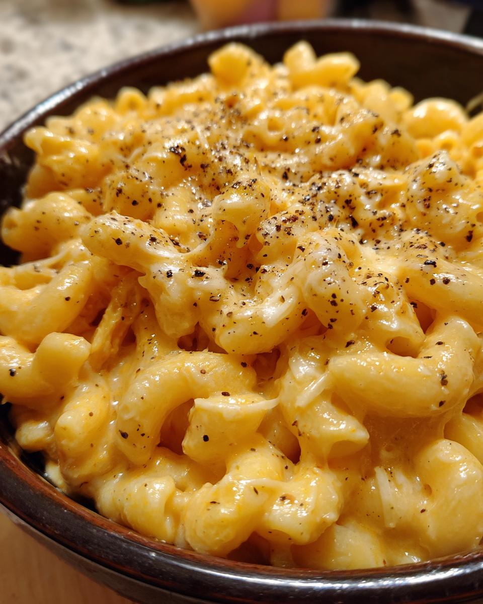 A close-up view of rich, cheesy macaroni generously topped with cracked black pepper, representing Creamy Honey Pepper Chicken Mac And Cheese.