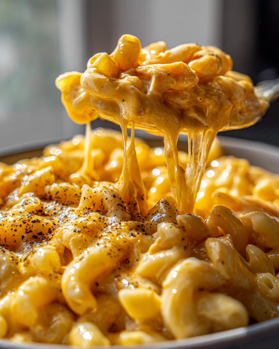 A spoonful of rich, cheesy Creamy Honey Pepper Chicken Mac And Cheese being lifted, showing long cheese pulls.