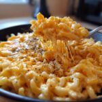 A spoonful of creamy honey pepper chicken mac and cheese showing extreme cheese pull, topped with cracked black pepper.