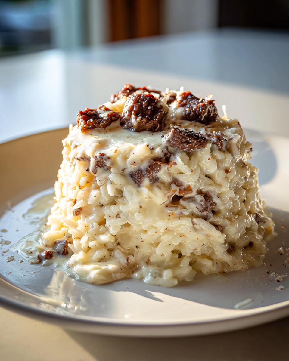 A molded serving of Creamy Queso Rice With Steak, topped with chunks of seasoned steak.