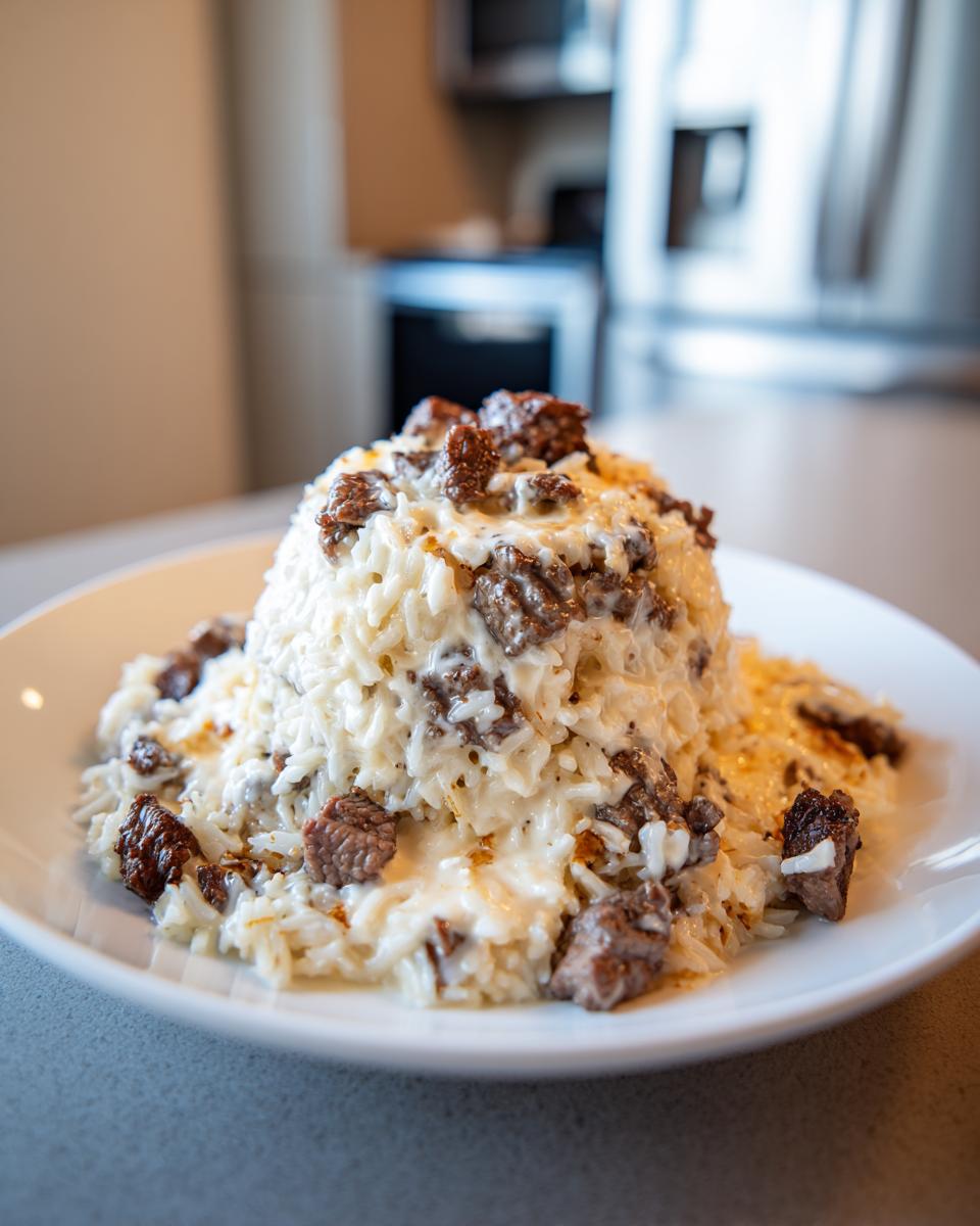 A mound of white rice covered in creamy queso sauce and topped with chunks of seared steak, ready to eat.