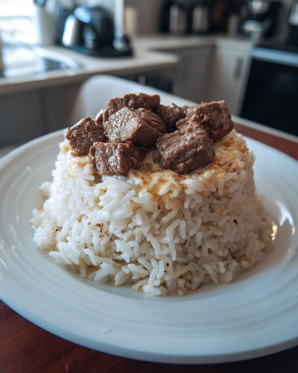 A molded serving of white rice topped with creamy queso sauce and chunks of seasoned steak, ready to eat.
