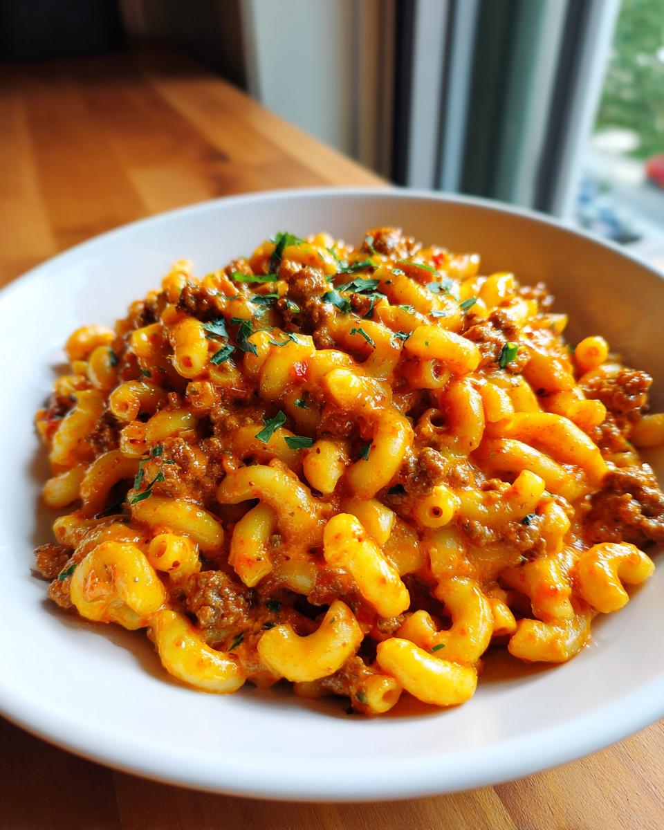 A close-up of a white bowl filled with Creamy Rotel Pasta With Ground Beef, garnished with chopped parsley.