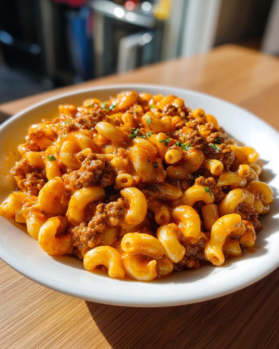 A close-up of a white bowl filled with Creamy Rotel Pasta With Ground Beef, featuring elbow macaroni in a cheesy, meaty sauce.