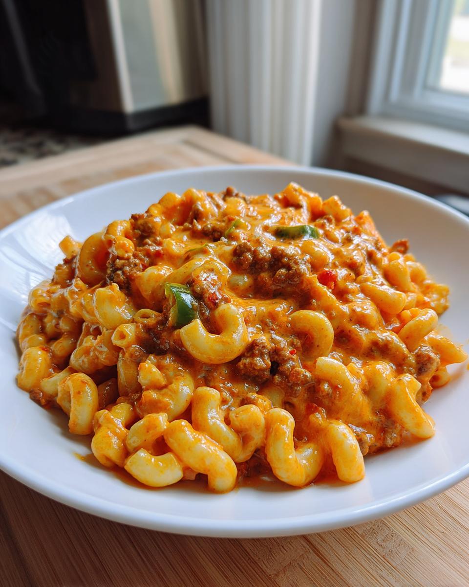 A close-up of a white bowl filled with Creamy Rotel Pasta With Ground Beef, featuring elbow macaroni and melted cheese.