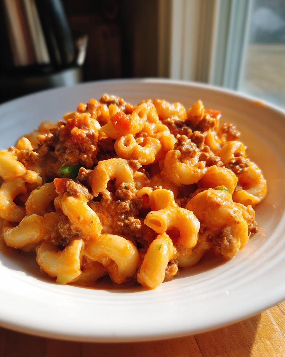 Close-up of a white bowl filled with creamy Rotel pasta with ground beef and elbow macaroni, bathed in sunlight.