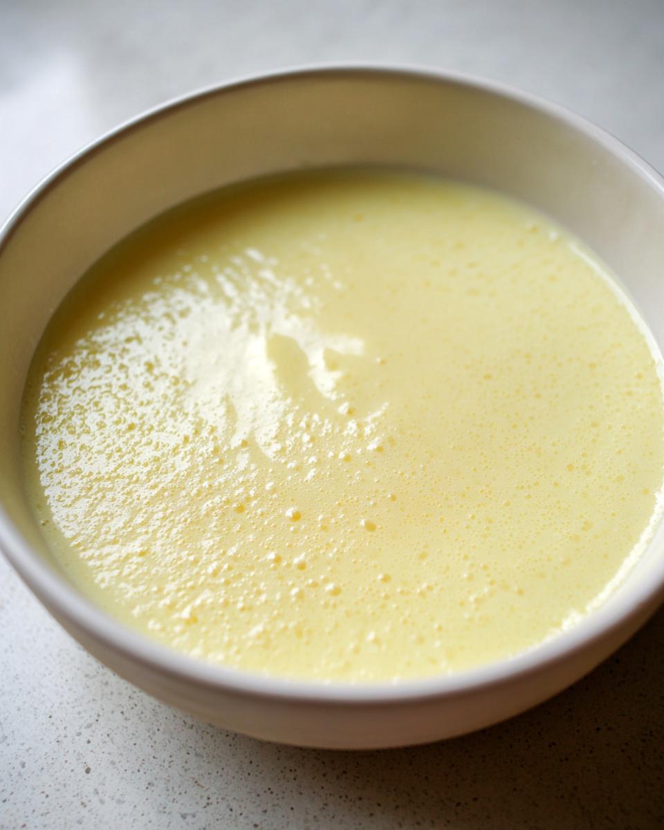 Close-up of a bowl of smooth, pale yellow Summer Corn And Zucchini Soup with small air bubbles on the surface.