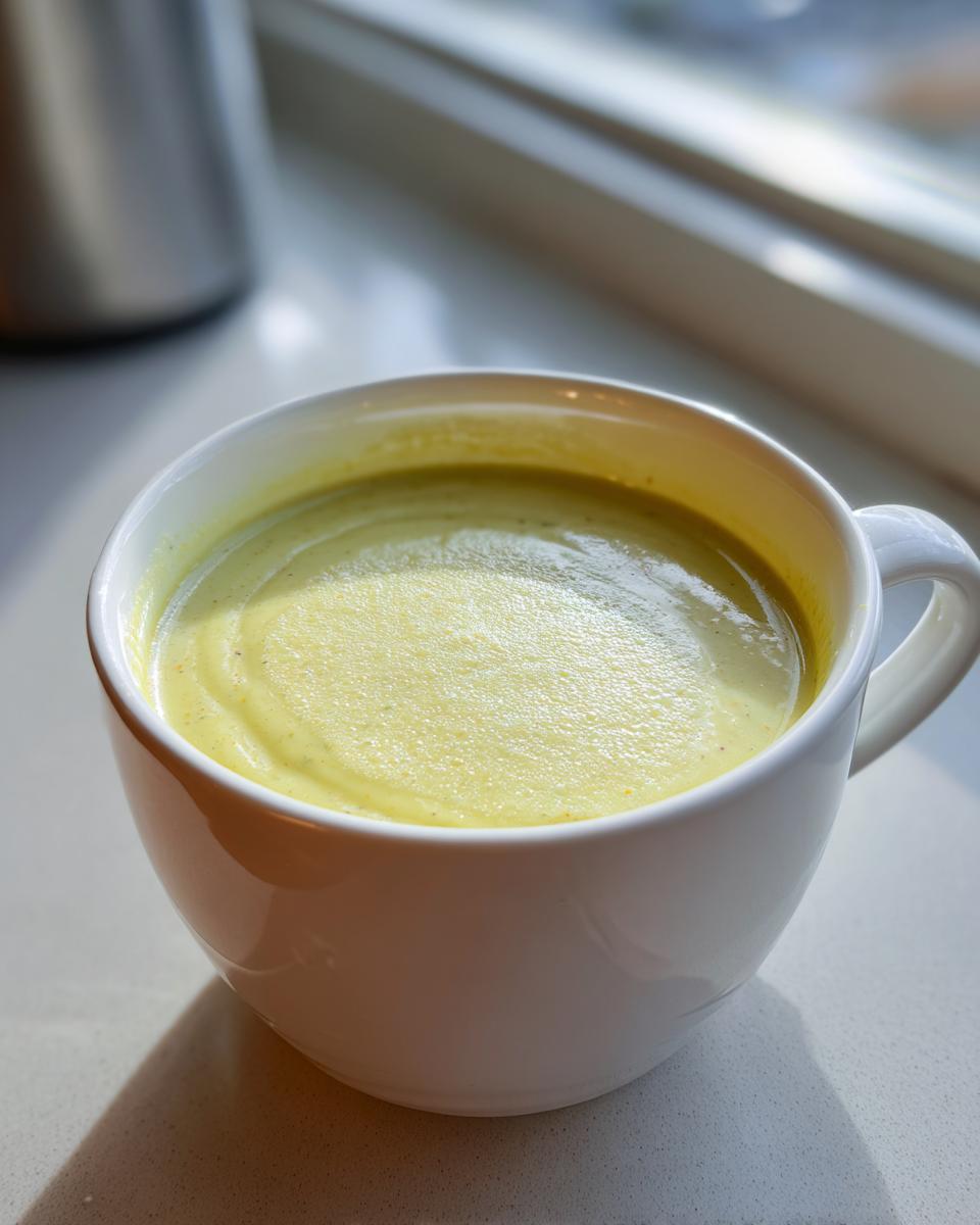 A close-up of creamy, pale yellow Summer Corn And Zucchini Soup served hot in a white mug.