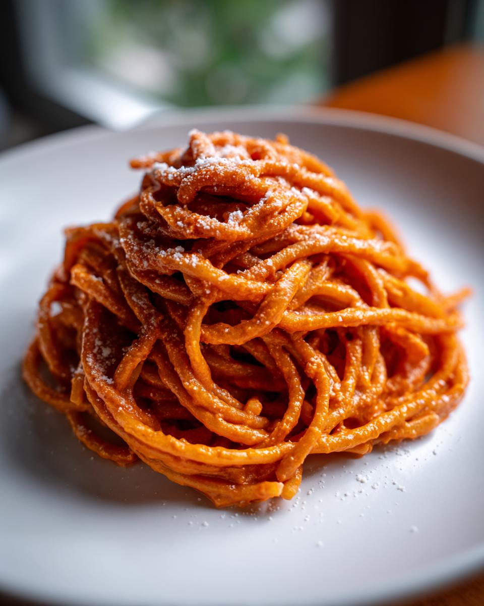 A close-up of a mound of spaghetti coated in rich, orange-red sauce, served on a white plate, representing Creamy Tomato Pasta.