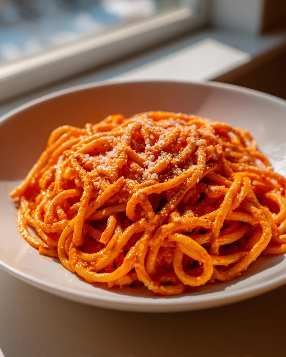 A close-up of a bowl filled with thick spaghetti coated in rich Creamy Tomato Pasta sauce, topped with grated cheese.